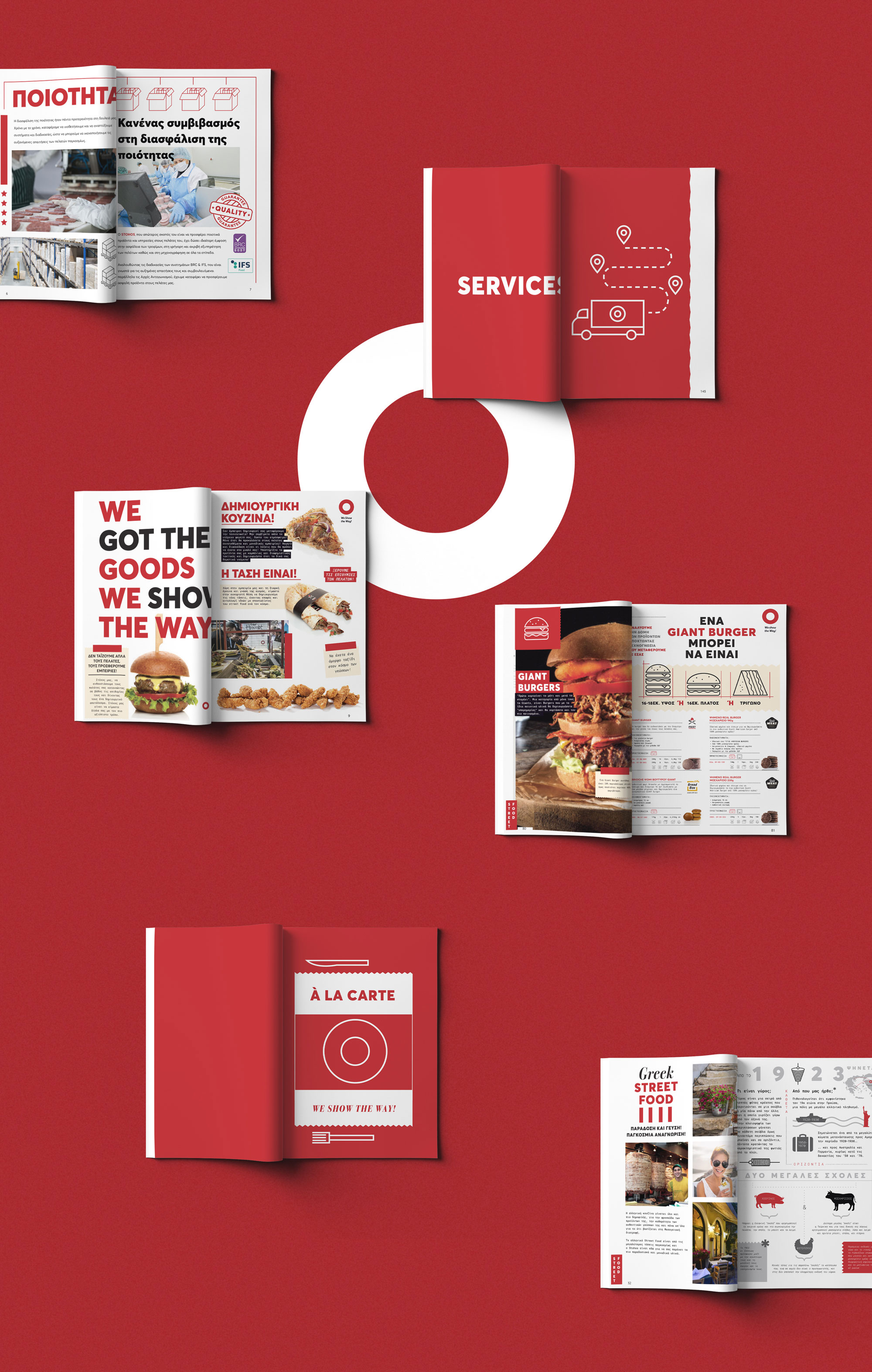 stohos catalog spreads top view on red background