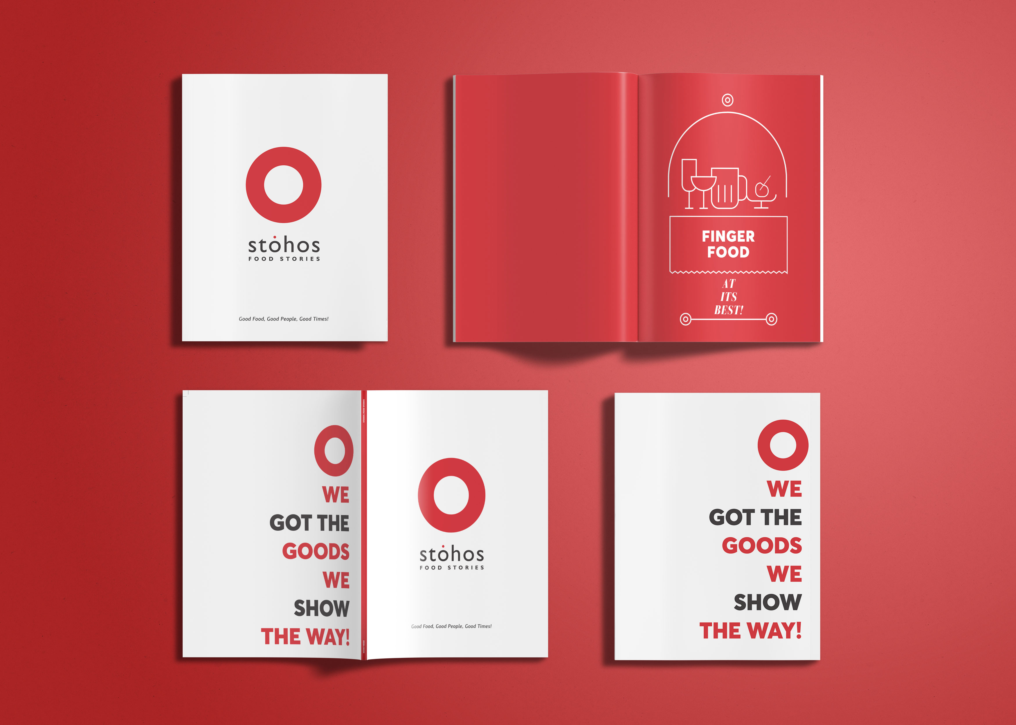stohos catalog spreads and covers on red background