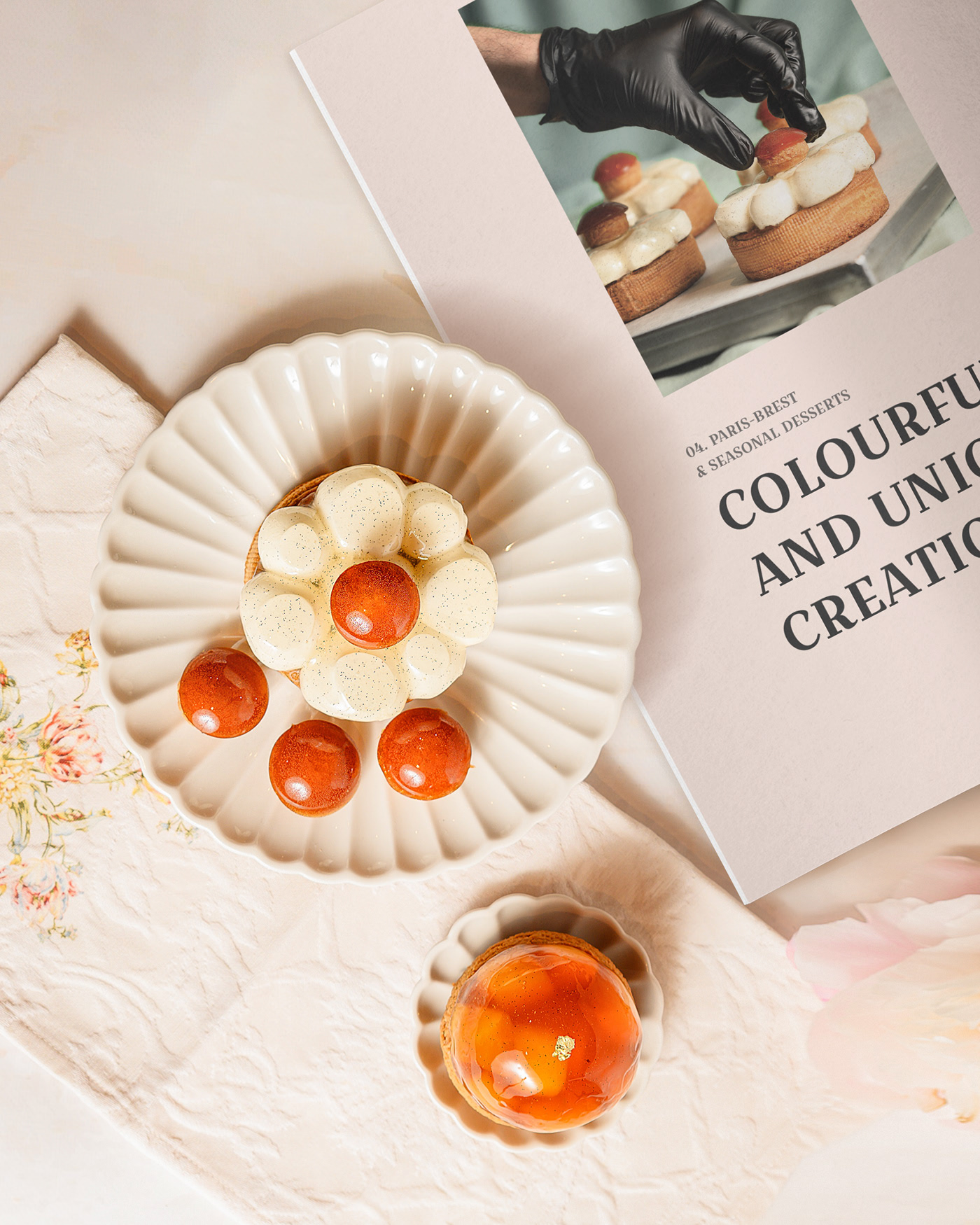 choureal lookbook with colourful desserts on table